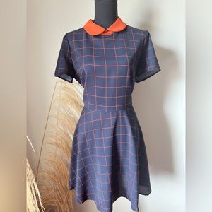Plaid Grid Peter Pan Collar Contrast Short Sleeve A-Line Dress